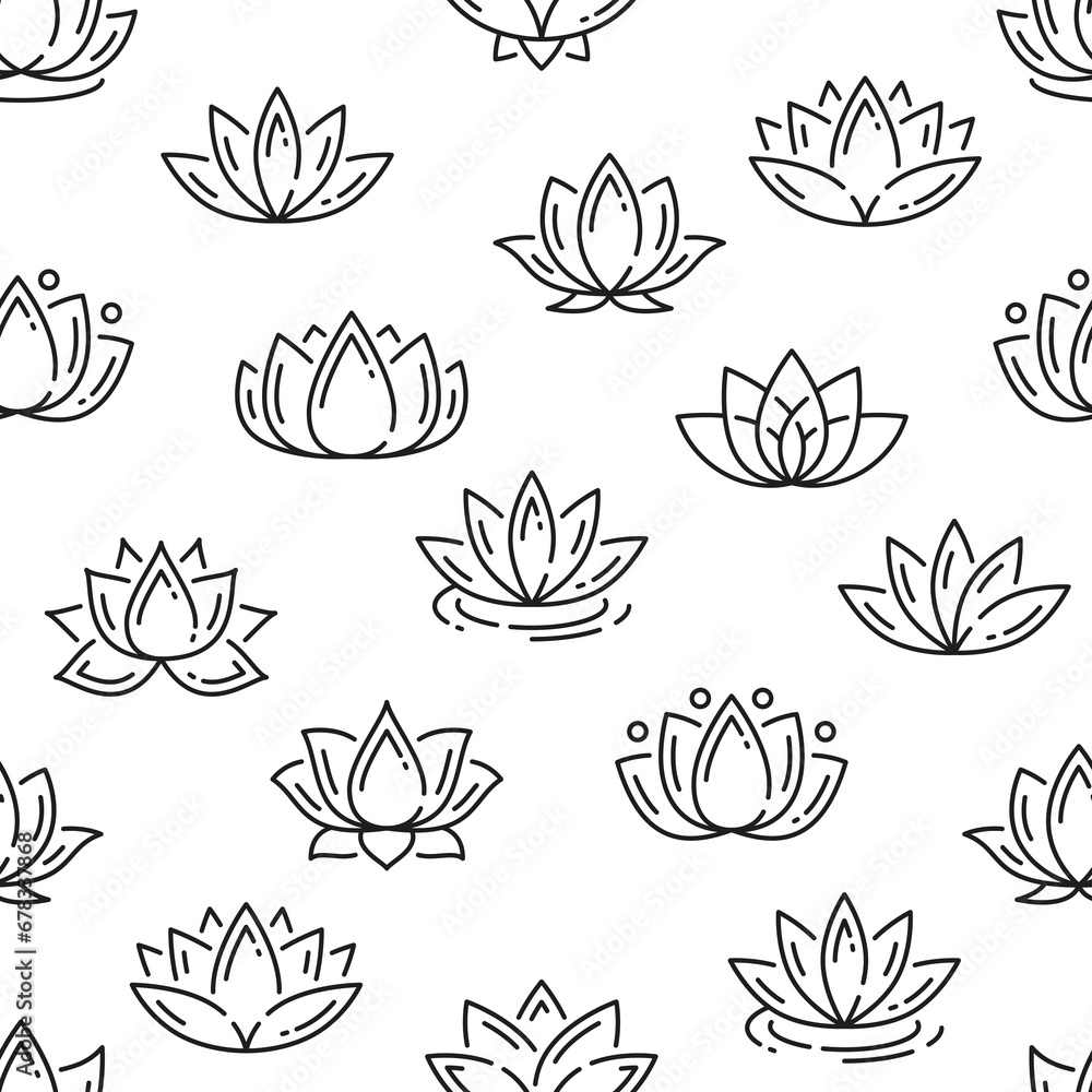 Outline lotus flowers seamless pattern background, vector floral blossom petals. Spa, yoga meditation and zen Asian ornament pattern of lotus flowers in black line on white background - obrazy, fototapety, plakaty 