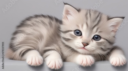 Close-Up of Cute Gray Kitten with Blue Eyes Lying on a White Surface