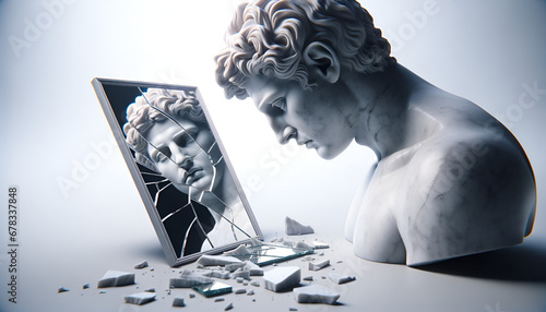 altgriechische Marmorstatue schaut in zersprungenen Spiegel, kaputtes Selbstbild