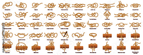 Sailing ship rope knots, nautical sailor tie and bow, vector marine cords set icons. Nautical rope knot types and sea boat string loop names, bowline and fisherman hitching or double carrick knots photo