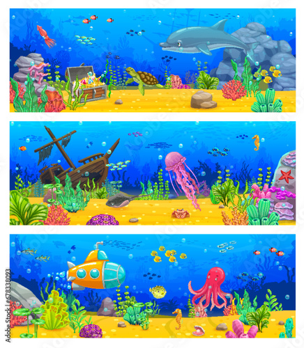 Arcade game level, cartoon underwater landscape vector backgrounds with fish shoals and marine animals. Submarine, sunken ship and pirate treasure chest on tropical ocean coral reef bottom