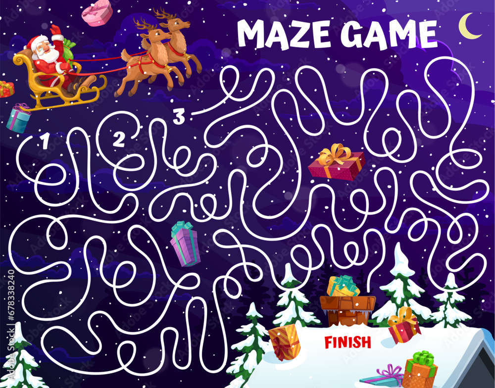 Christmas labyrinth maze Santa on sleigh. Kid vector board game worksheet help cartoon father Noel character deliver gifts to cottage house. Boardgame with tangled path, roof with chimney and presents Christmas labyrinth maze Santa on sleigh. Kid vector board game worksheet help cartoon father Noel character deliver gifts to cottage house. Boardgame with tangled path, roof with chimney and presents