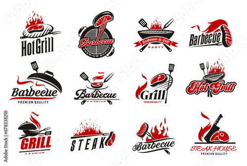 BBQ grill icons of barbecue meat on fire for restaurant or steak bar, vector signs. BBQ grill food party or picnic icons with barbeque fork and roast beef on fire flame for barbecue restaurant menu
