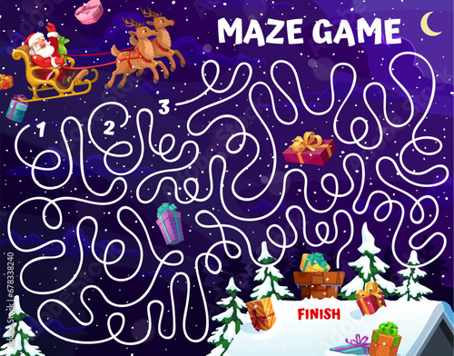 Christmas labyrinth maze Santa on sleigh. Kid vector board game worksheet help cartoon father Noel character deliver gifts to cottage house. Boardgame with tangled path, roof with chimney and presents