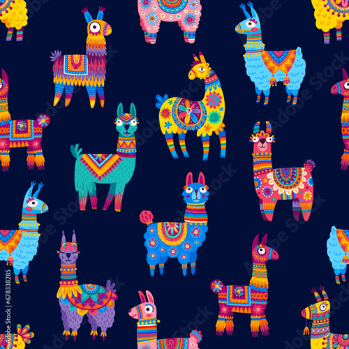 Cartoon llama and alpaca characters seamless pattern. Wrapping paper seamless background, wallpaper vector pattern or textile print. Fabric backdrop with colorful mexican ornaments fur lama animal