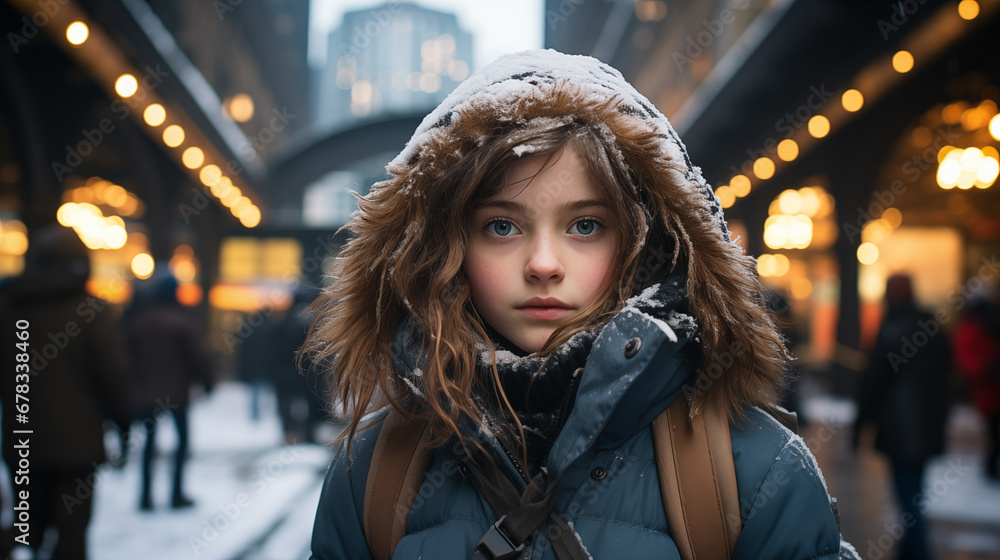 Snowfall Serenity: Girl's Gaze at the Winter Station Snowfall Serenity: Girl's Gaze at the Winter Station