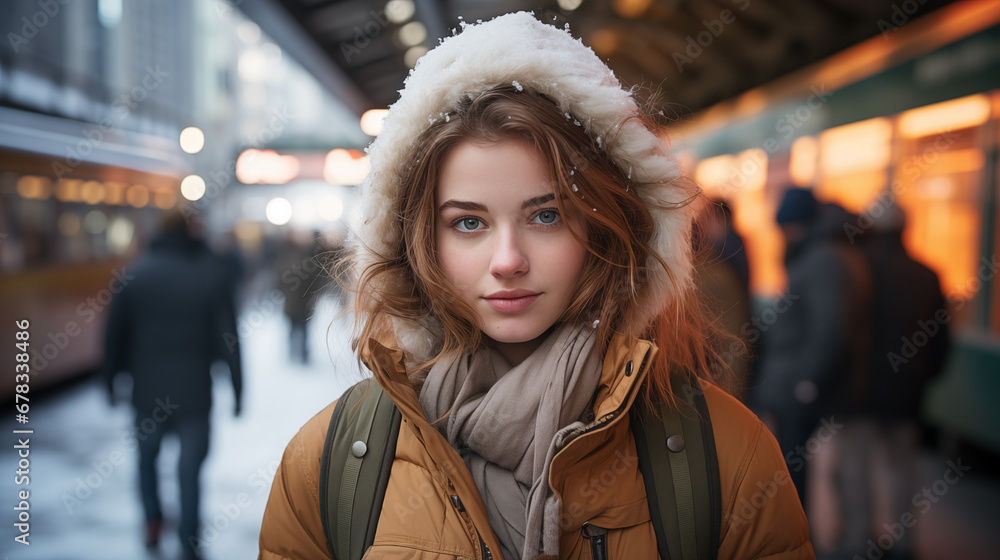 Fototapeta premium Snowfall Serenity: Girl's Gaze at the Winter Station