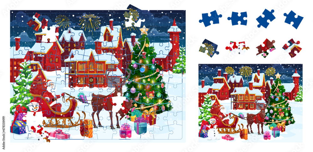 Christmas holiday jigsaw puzzle game pieces with Santa and winter town ...