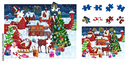 Christmas holiday jigsaw puzzle game pieces with Santa and winter town. Cartoon educational vector worksheet for preschool children with funny Xmas character sitting on reindeer sleigh with gifts bag
