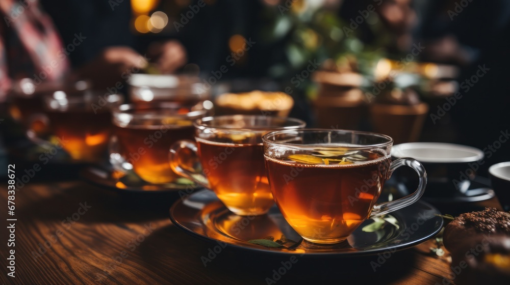 international tea day, cups with hot tea and lemon slices on a wooden table, banner international tea day, cups with hot tea and lemon slices on a wooden table, banner