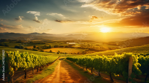 Charming Vineyard Landscape Under a Golden Sunset, Enhanced with Warm and Earthy Tones to Evoke a Romantic and Idyllic Ambiance