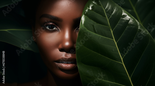 A close-up portrait of a beautiful black woman standing behind green leaves. Advertising concept.