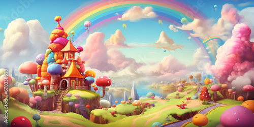 A fairy house in a fairy tale with a house on the roof, A digital painting of a rainbow landscape with a rainbow, Fantasy Dreamland, Candyland, generative AI
