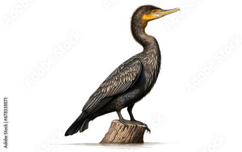 Black Cormorant Bird Sitting on a Wood on a Clear Surface or PNG Transparent Background. © Usama