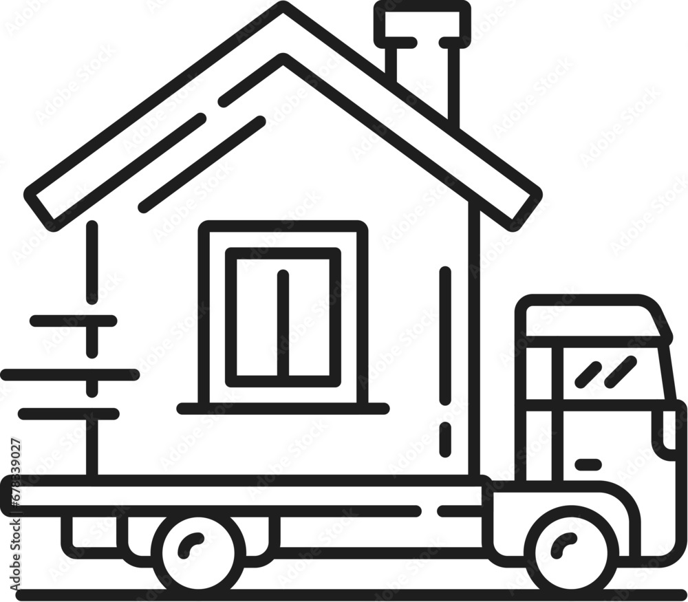 Real estate icon. Moving home service line sign. House relocation service or moving company outline vector symbol or pictogram, real estate property rent or sale icon with truck carrying cottage