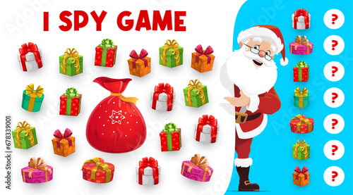 Christmas presents i spy game and cartoon Santa. Kids vector riddle worksheet with saint Nicholas and colorful gift boxes. How many children test, education task for baby math skills development
