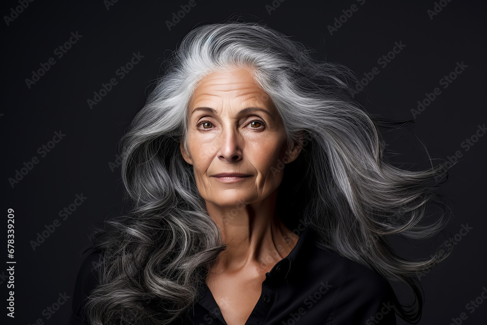 Beauty portrait of an attractive sensual mature woman with long gray hair over black background