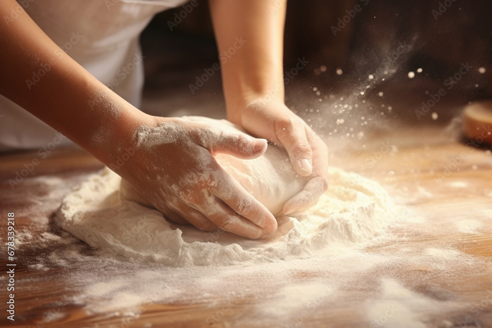 Close-up of woman baker hands kneading the dough