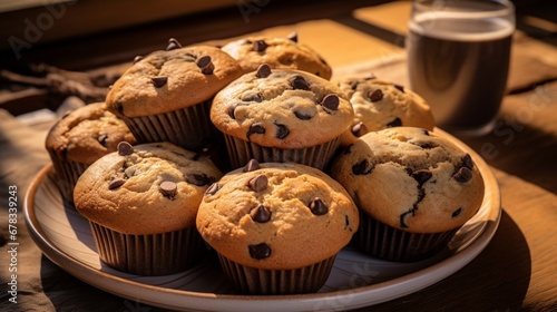 a plate of chocolate chip muffins