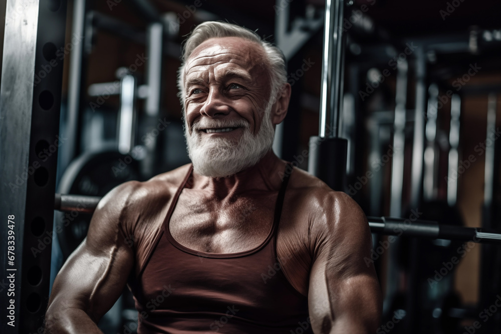 Naklejka premium Fitness man at workout. Elderly pensioner old man smiling in gym. 60-70 Year Old Bodybuilder. Funny old grandfather in gym. Pensioner with smile lifts weight in sports club. Muscular bodybuilder gym