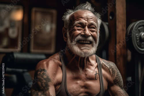 Fitness man at workout. Elderly pensioner old man smiling in gym. 60-70 Year Old Bodybuilder. Funny old grandfather in gym. Pensioner with smile lifts weight in sports club. Muscular bodybuilder gym