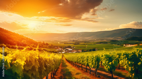 Charming Vineyard Landscape Under a Golden Sunset, Enhanced with Warm and Earthy Tones to Evoke a Romantic and Idyllic Ambiance