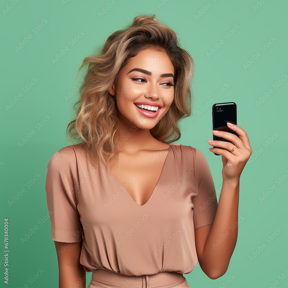 A brunette woman with wavy brown hair smiles as she looks at the phone in her hand. A brunette woman with wavy brown hair smiles as she looks at the phone in her hand.