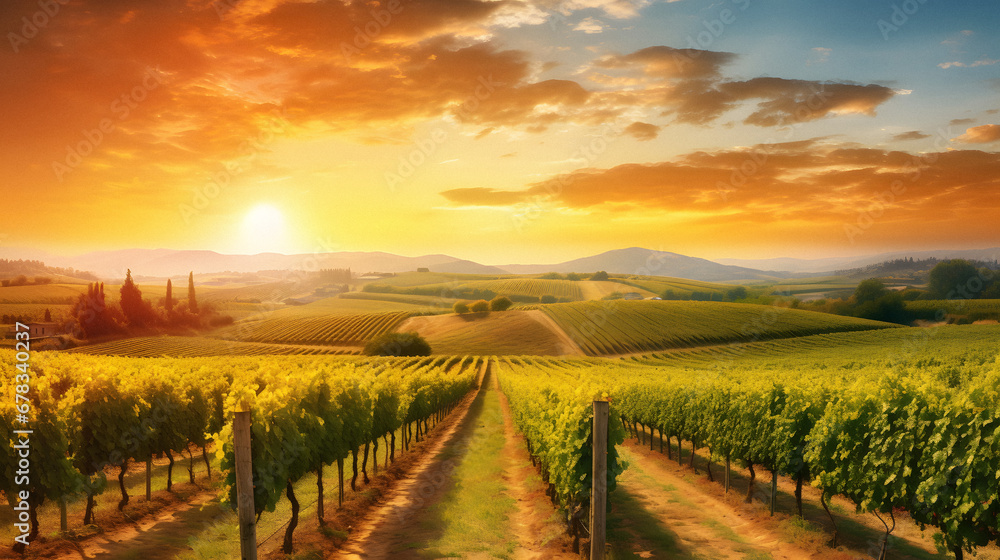 Charming Vineyard Landscape Under a Golden Sunset, Enhanced with Warm and Earthy Tones to Evoke a Romantic and Idyllic Ambiance Charming Vineyard Landscape Under a Golden Sunset, Enhanced with Warm and Earthy Tones to Evoke a Romantic and Idyllic Ambiance