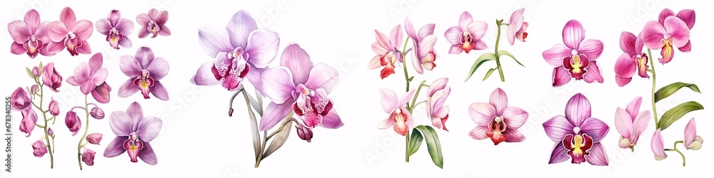 A watercolour illustration of an orchid, isolated against a white background.