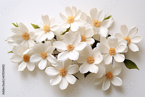 Craft-wrapped white flowers laid against a pale backdrop.