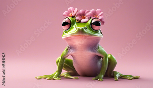 frog with flowers on head on pink background