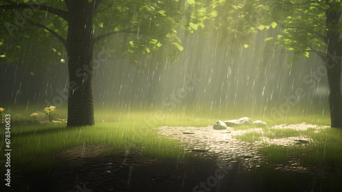 Enjoy the calming atmosphere of the shower of heavy rain in the warm season of spring or summer.