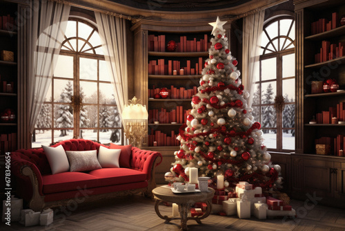 Christmas living room interior with christmas tree.