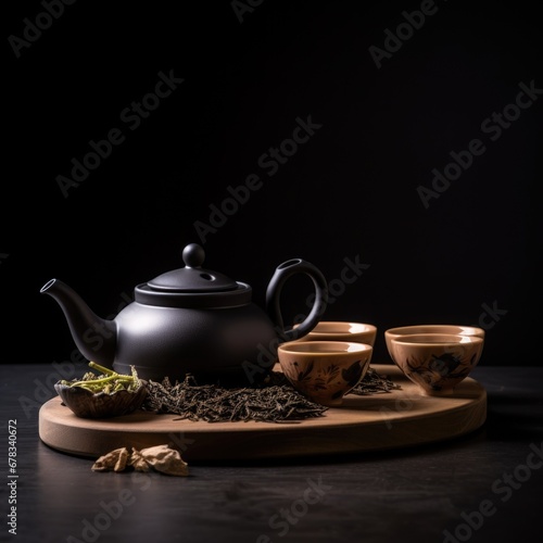 Hot Teapot And Teacups On wooden Mat. AI Generated