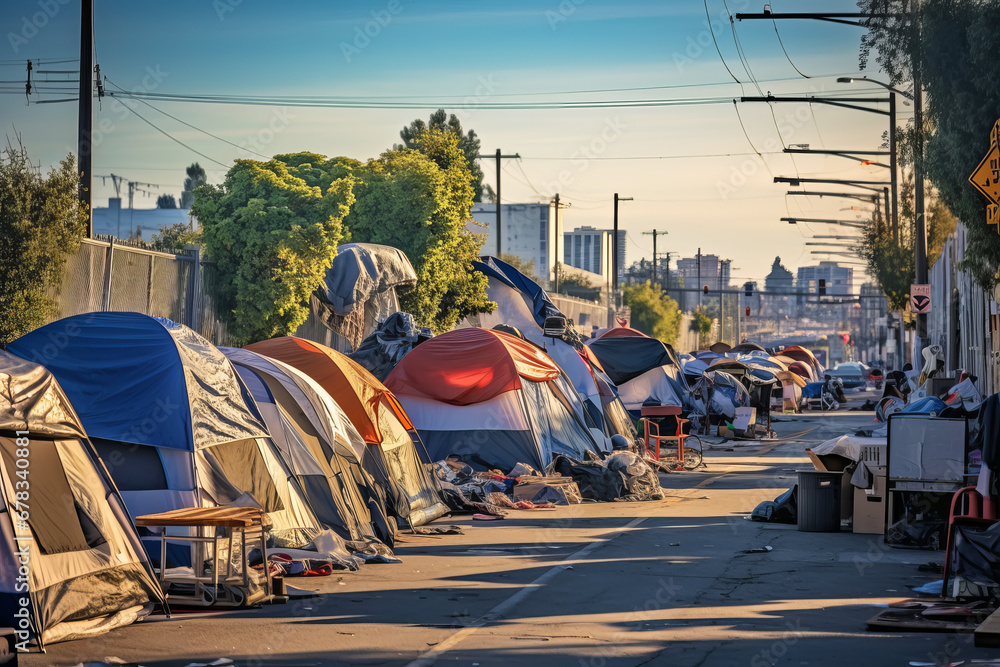 Homeless tent camp and garbage along the road in a modern city - obrazy, fototapety, plakaty 