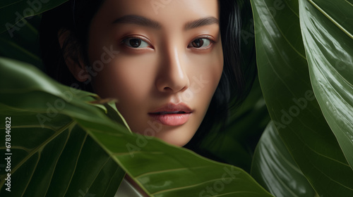 A close-up portrait of a beautiful asian woman standing behind green leaves. Advertising concept.