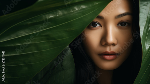 A close-up portrait of a beautiful asian woman standing behind green leaves. Advertising concept.