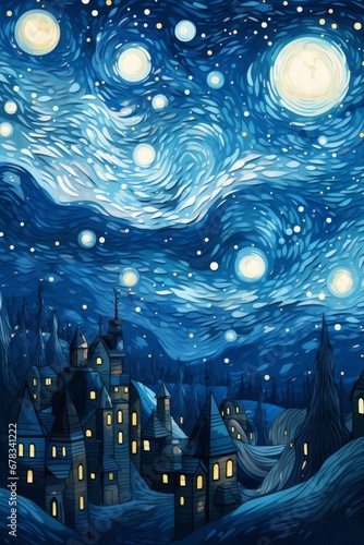 dipinto copertina cartolina acquarello panorama cielo blu notte stellata 