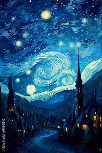 dipinto copertina cartolina acquarello panorama cielo blu notte stellata  photo