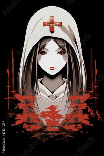 shogun disegno volto femminile pallido capelli lunghi neri anime farfalle fiori croce suora santa sfondo nero flat design