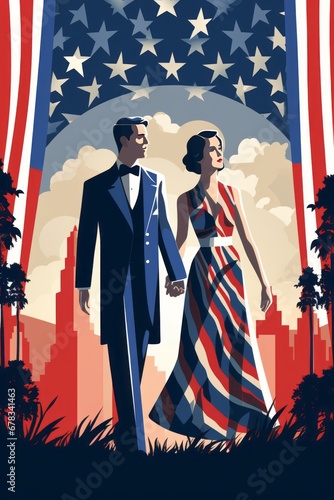 illustrazione flat design sogno americano coppia uomo donna uniti bandiera skyline rosso giallo bianco blu photo