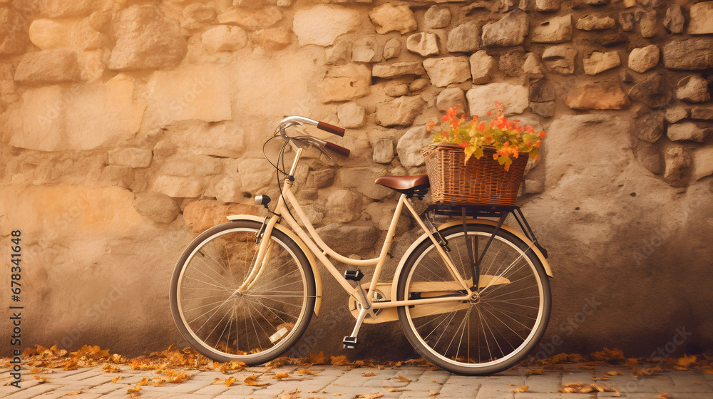 Charming Vintage Bicycle Resting Against an Old Stone Wall, Enhanced with Warm and Muted Tones to Evoke a Nostalgic and Timeless Atmosphere