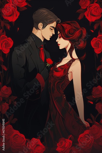 illustrazione bacio abbraccio amore coppia uomo elegante donna vestito lungo cornice rossa rose sfondo nero photo