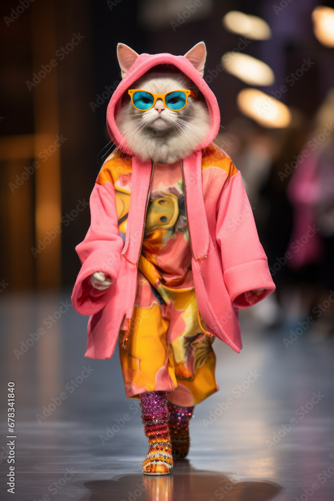 Fashionable pastel pink cat on the catwalk. Concept of fashion, anthropomorphism, adorable kitties.