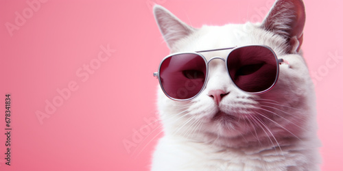 Meme cat with sunglasses and skeptical look on pastel pink background and copy paste. photo
