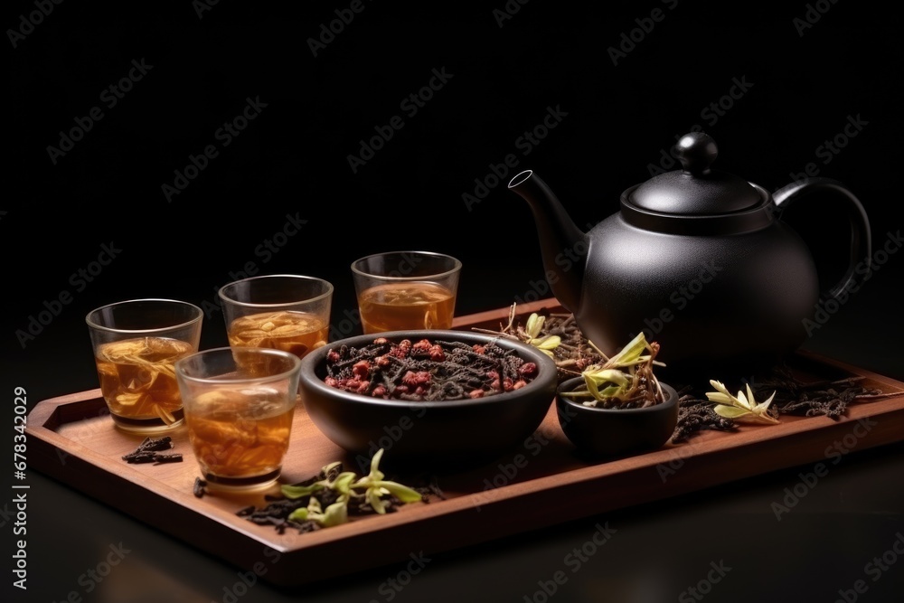 Hot Teapot And Teacups On wooden Mat. AI Generated Hot Teapot And Teacups On wooden Mat. AI Generated