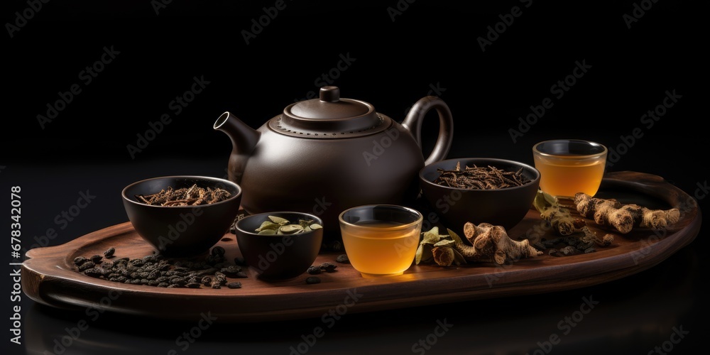 Hot Teapot And Teacups On wooden Mat. AI Generated