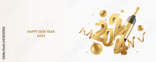 Happy New Year 2024. Golden 3D numbers with ribbons, bottle of wine and Christmas decoration on a white background. Celebration background.