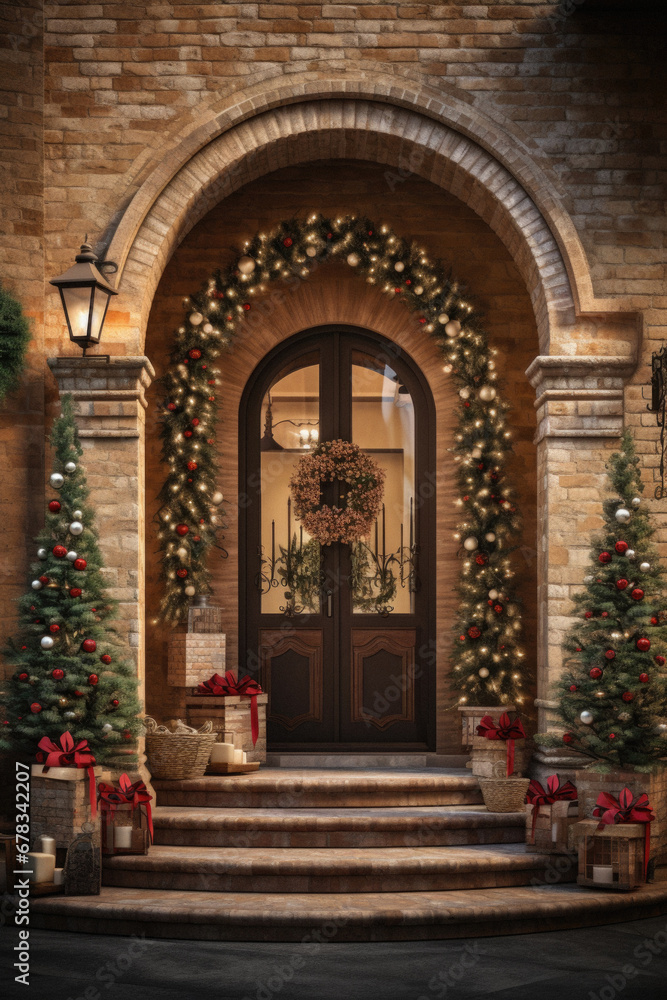 Wooden door with christmas tree and gifts in front of brick wall.
