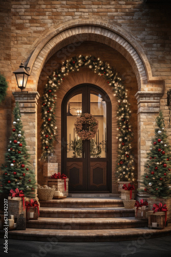 Wooden door with christmas tree and gifts in front of brick wall.